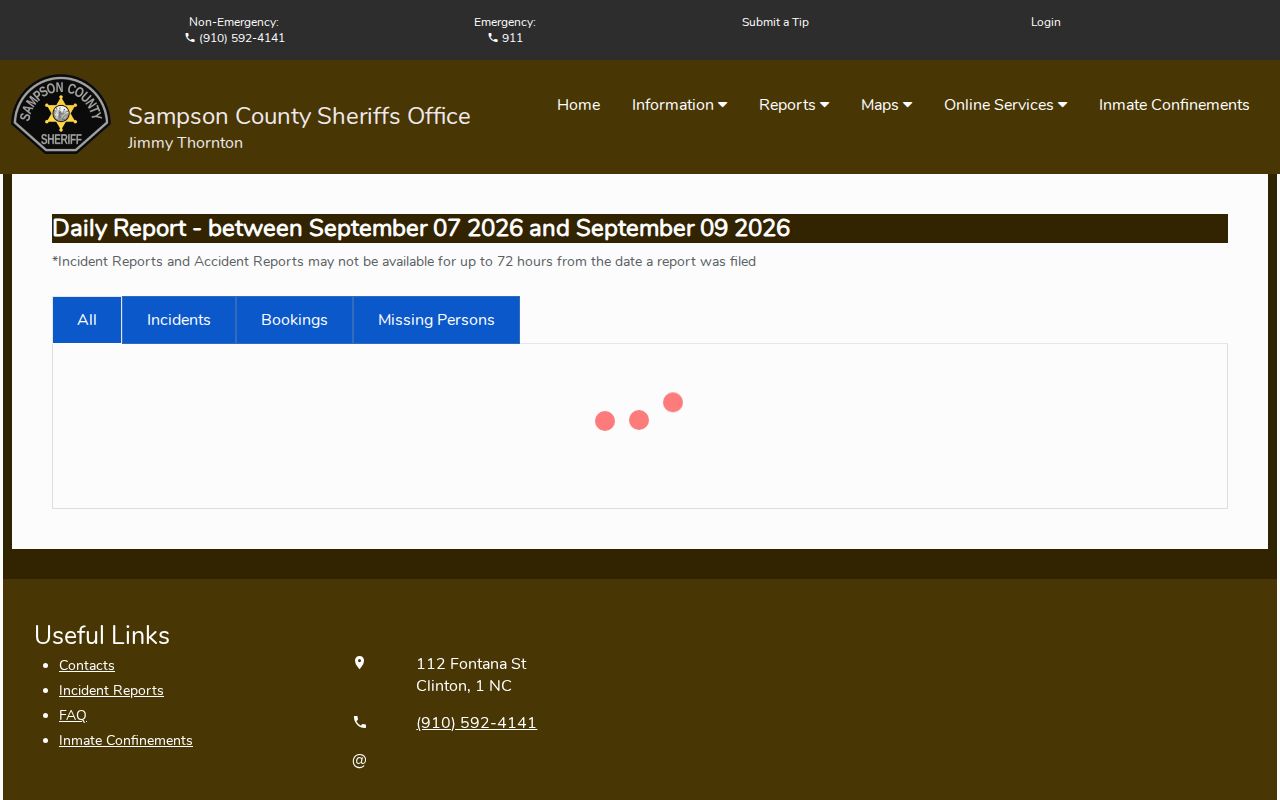 Sampson County Citizen Connect Daily Report filters and availability notice