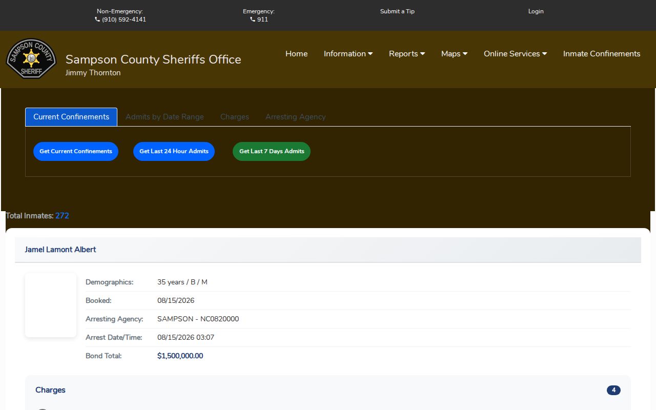 Sampson County Inmate Confinements roster search controls