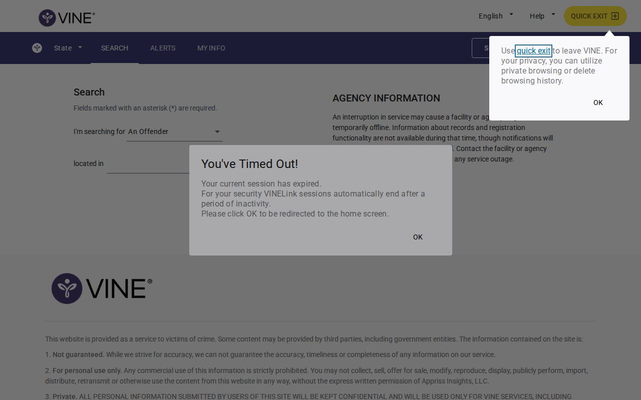 VINELink person search interface for selecting a county and checking custody
